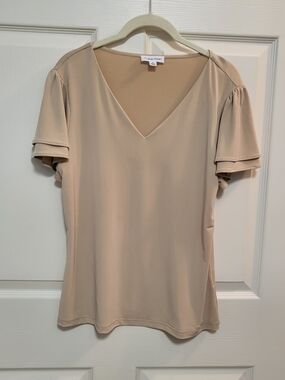 Calvin Klein Soft Taupe V-Neck Flutter Sleeve Blouse